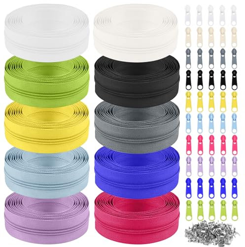 MeYuxg Chiusura lampo infinita da 3 mm con cerniera, chiusura lampo fai da te, divisibile con 50 cursori, set di riparazione per cucito, artigianato e borsa (10 colori)