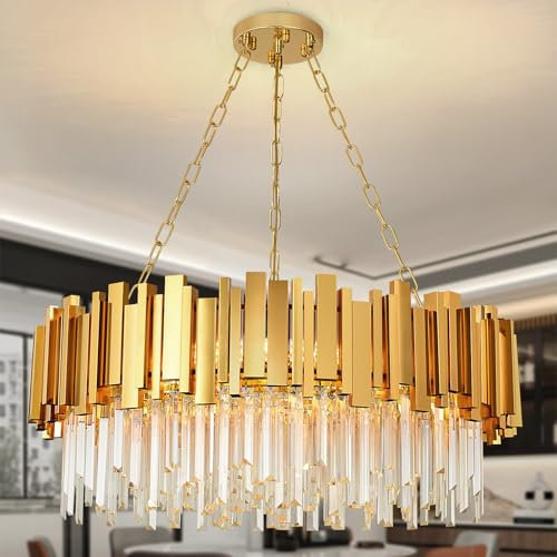 AOOCHOK Modern Kristall Kronleuchter Gold Pendelleuchte, Rund Kristall Hängeleuchte, Häengelampe für Wohnzimmer, Esszimmer, Schlafzimmer, Ruheraum, Restaurant, E14 x 12, D75 cm