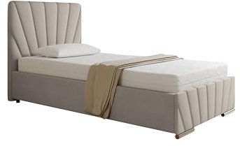 PANDA MÖBEL Polsterbett 100x200 cm - RAY Kollektion - Modern Bett mit hochwertiger Taschenfederkernmatratze Pocket - Polsterbett mit Bettkasten für Schlafzimmer - Beige