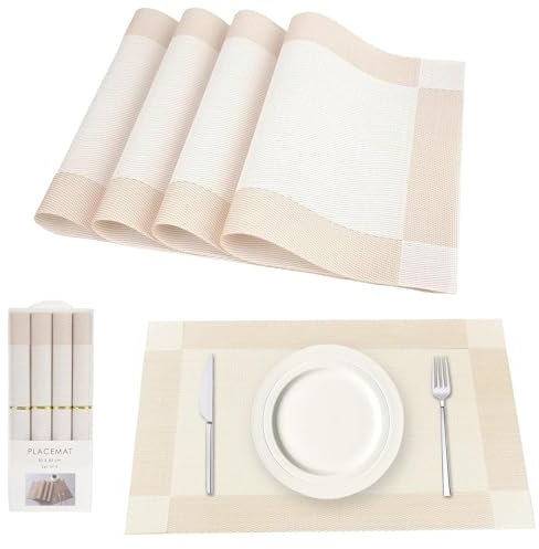 Washable Placemats Wear-Resistant and Heat-Resistant PVC Non-Slip Placemats for Kitchen, Home, Restaurant, Dining Table (4 Pieces, Creamy White)