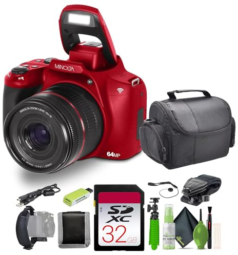 Minolta Fotocamera digitale da 64 Mega Pixel, con zoom ottico 10x, video Ultra HD 4K e riprese macro, bundle con scheda di memoria da 32 GB + treppiede per vlogging + kit di pulizia + altri accessori,