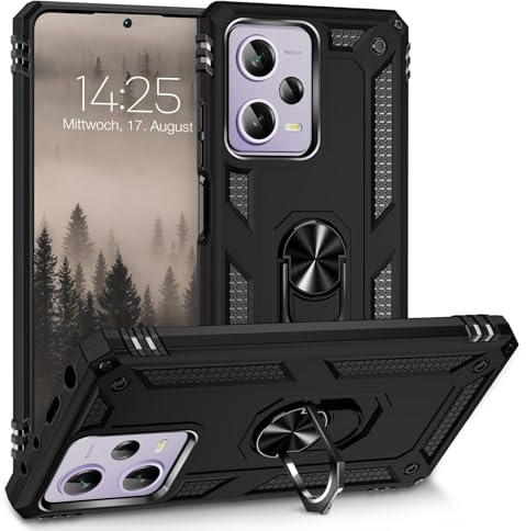 LBH Outdoor Hülle für Xiaomi Redmi Note 12 Pro 5G Armor Militär Stoßfest Handyhülle 360 Grad Metal Ring Halter Ständer Schutzhülle für Handyhalterung Auto Magnet Schwarz