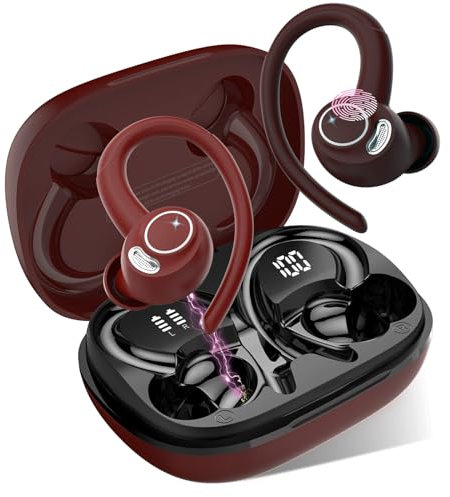 Jesebang Auriculares Inalámbricos Deportivos, Auriculares Bluetooth 5.3 con HD Micrófono, Sonido Premium, 40H de Reproducción, Pantalla LED, Cómodos de Llevar, Cascos Inalambricos con Gancho, Carmesí