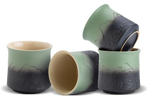 ZENS Japanische Teetasse 4er Set, 240ml Ästhetik geprägte Japan Tee Tasse für Matcha Tee, Chinesische Teetasse ohne Henkel, Japanische Teetasse Traditionelle,Teeliebhaber Geschenke, Moosgrün