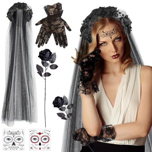 Hendpock Voile Noir Halloween, Serre Tete Halloween Femme, Serre Tete Dia de Los Muertos, Voile Noir, Couronne Halloween Femme, Serre Tete Fleur, Voile Noir pour Visage Deguisement Halloween