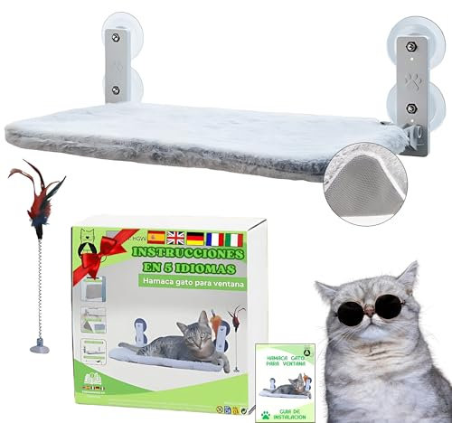BECISPER - Hamaca Gato Ventana Plegable sin Cables - Cama Gato para Ventana - Hamaca Gato Ventana con Ventosa - Hamaca para Gatos, Hamaca Gato Pared Plegable con Juguete Incluido (Beige, Grande)