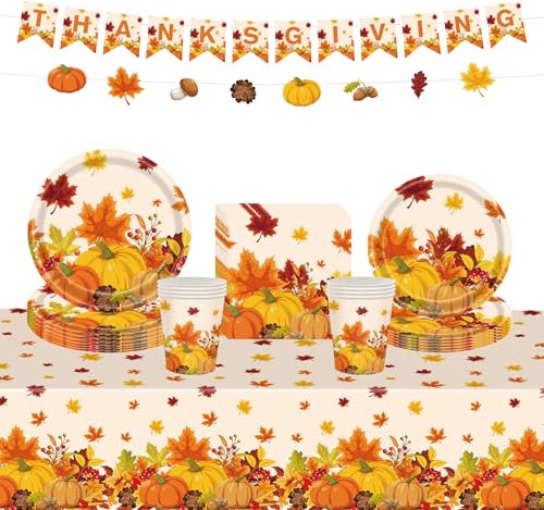 70P Thanksgiving Party Tableware Decorations,Autumn Maple Paper Cups Napkins Plates Fall Maple Leaves Table Cloth,Harvest Maple Banner Orange Paper Dinnerware for Autumn Party Harvest Dining Supplies