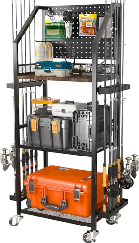 SOYEEZE Fishing Rod Holders for Garage, Fishing Pole Holders Up to 12 Rods with Pegboard and Hooks,Rolling Fishing Cart with Wheels, Fishing Gear Storage For Tackle Box & Reel Organization