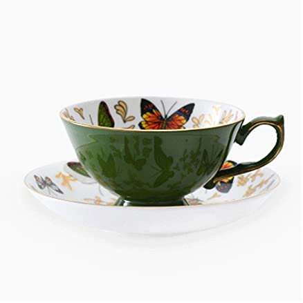 Cappuccino-Kaffeetassen-Set Vintage Kaffeetasse Nachmittagstee Tasse Bone China Schmetterling Gold bemalt Tee-Set Keramik schwarz Teetasse und Teller Kaffeebecher(GreenA)