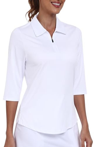 JINSHI Women's Golf Polo Shirts 3/4 Sleeve Golf Top Quick Dry UPF 50+ Casual Work Sports Tennis Shirts with 1/4 Zip White Size US S