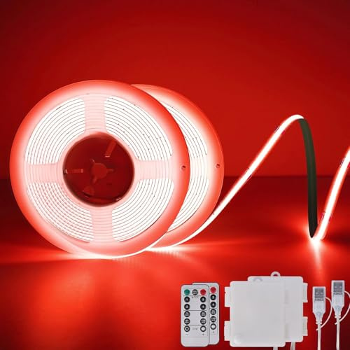 StarryEver COB LED-Streifenleuchten Batteriebetrieben Mit Fernbedienung, 2M LED-Lichtleiste Dimmbares Schneidbares Flexibles LED-Bandlicht Für Fernseher, Computer, Autodekoration (Rot, 2er-Stück)