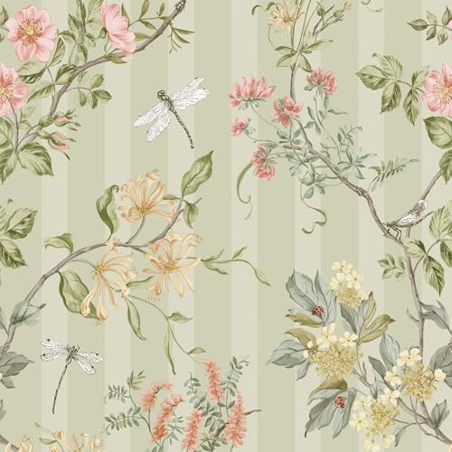 Hampton Gardens Floral and Animal Printed Classic Stripe Wallpaper Ideal for Bedrooms, Living Rooms Cozy Lounges Soft Sage Green Holden 13910