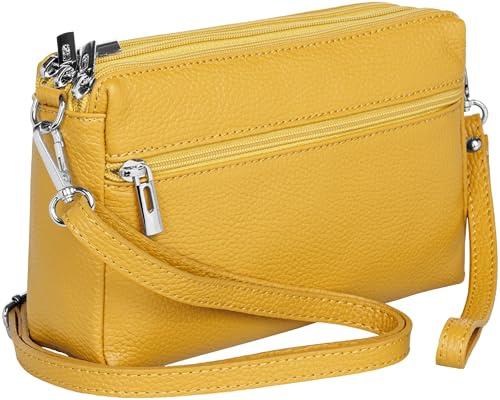 Caspar kleine Leder Umhängetasche Crossbody Bag elegante Damen Tasche mit 3 Fächern - CLASSIC LINE - Modell No.815 - Made in Italy, Farbe:curry