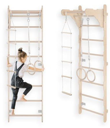 Gymnastics rung wall for children (210 cm) | wall mounted training ladder | rope ladder for children | wooden playground for home | gym rings | 100% eco | made in the EU