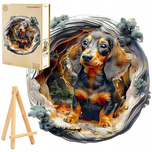 PASJO Holzpuzzle für Erwachsene 3D Puzzle Dackel 300 Einzelteile Holzschachtel Mini-Staffelei Wooden Puzzle 3D-Effekt Hund