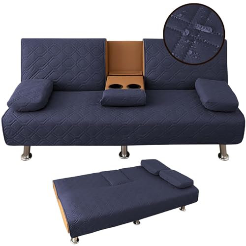4-teiliges wasserdichtes Sofabett Bezug-Set - Gesteppter 3-Sitzer-Futonbezug mit abnehmbaren Armlehnen & Getränkehalter, Marineblau, 2 Sets, umwandelbarer Klappschutz für Zuhause