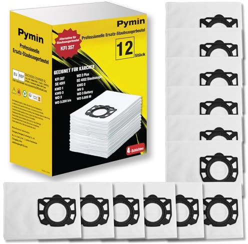 Pymin 12 Stück KFI 357 Staubsaugerbeutel für kärcher nass trockensauger WD2 WD3 KWD1 KWD2 KWD3 WD3.200 - WD3.800 M/SE4001/SE4002 2.863-314.0 Vliesfilterbeutel für Kärcher Staubsauger
