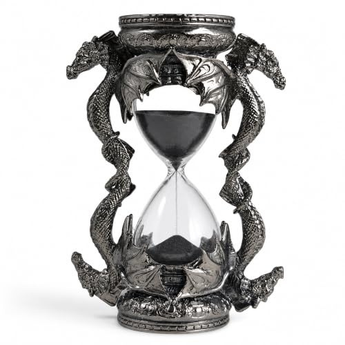 Gunmetal Dragon Hourglass, 15 Minute Sand Timer, Gothic Home Decor | Detailed mythical sculpture for shelves and study spaces; 5.8 x 11 x 14.7 cm; thoughtful gift for fantasy lovers.