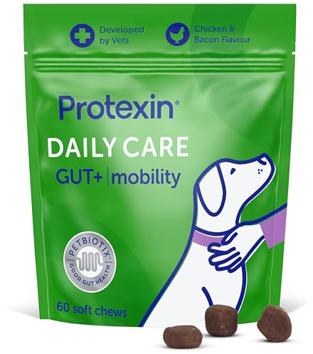 Protexin Daily Care Gut+ Mobility Supplement for Dogs, 60 Soft Chews | Prebiotic & Postbiotic Chew for Dogs, Supports Joint Health, Mobility & Gut Balance, Chicken & Bacon Flavour