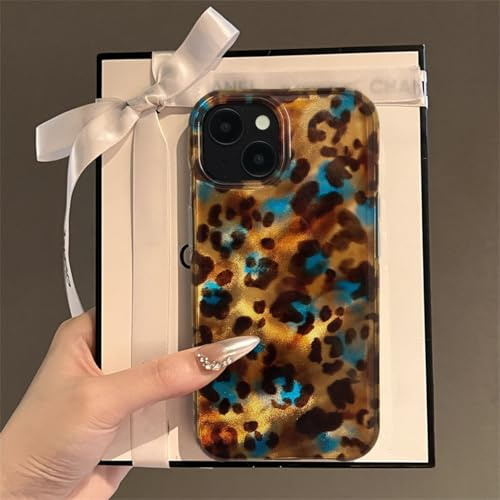 Reownest Compatible with iPhone 13/14 Case, Cute Blue Brown Leopard Print Pattern Retro Aesthetics Design, Soft Glitter Shiny TPU Shockproof Protective Bumper Phone Cover - Amber