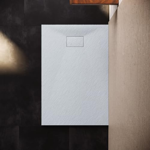 SONNI Duschwanne 160x80 cm, 32 mm Extra Flach, Weiß, SMC, Ohne Siphon | Extra flache Duschwanne in Schieferoptik mit rutschhemmender Oberfläche für sicheren Stand und eine moderne Badgestaltung