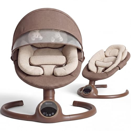 BEBE2LUXE Alpha : Silla Mecedora Eléctrica para Niños, Hamaca Bebé, Columpio Bebe, Hamaca eléctrica 0‑9 kg, Bluetooth, pantalla táctil LED, música, arnés 3 puntos, temporizador (Cioccolato)