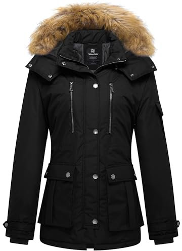 Wantdo Femme Veste à Capuche en Coton Classique Manteau Chaud Polaire Parka d'Extérieur d'hiver Veste Militaire Coupe-Vent Mi-Long Décontracté Noir S