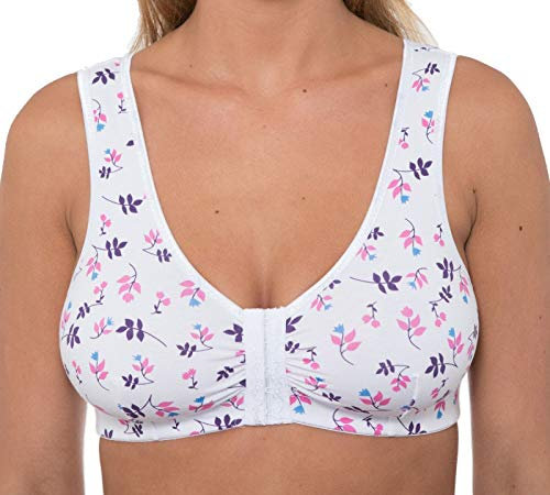Orchid Womens Stretch Soft Cotton Non Wired Front Fastening Comfortable Bra (40, White Floral)