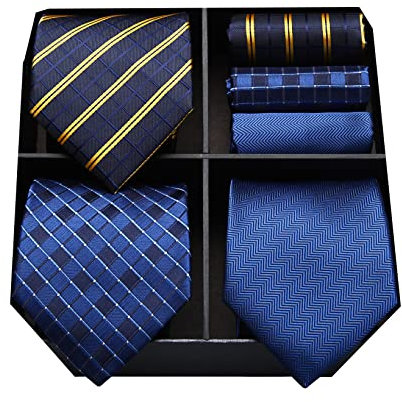 HISDERN Los 3 Stck Herren Krawatte Tupfen-Karo Streifen Solid Color Hochzeitsfest-Taschentuch Krawatte und Einstecktuch - Mehrere Sets