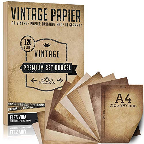 120 Blatt Altes Papier, Vintage DIN A4 bedruckbar - Urkunden Schatzkarten Bastelpapier, Kartonpapier, Bastel für Karten Hochzeit, Adel Geschenke, Nostalgie Briefpapier Geburtstag Ritter Piraten Dunkel