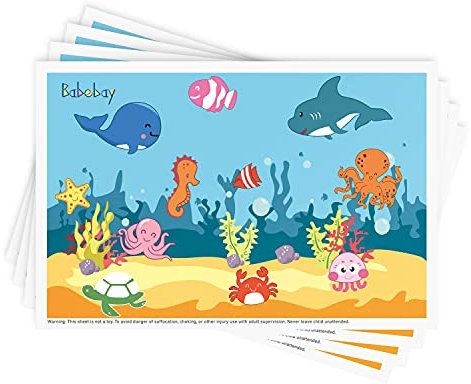 Disposable Stick-on Placemats 40 Pack for Baby & Kids, Toddler Placemats in Reusable Pouch 12 x 18 (Blue Ocean Life)