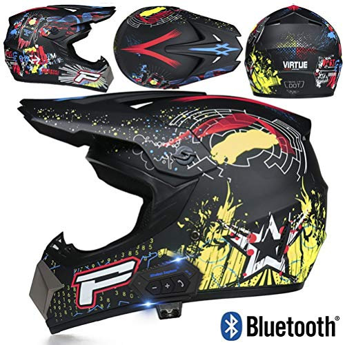 MTTKTTBD Bluetooth Motocross Helm mit Brille Handschuhe Maske Motorrad Crosshelm Off Road Helm Motorradhelm Integralhelme Schutzhelm Kit für Dirt Bike ATV Downhill MTB Sicherheit Schutz