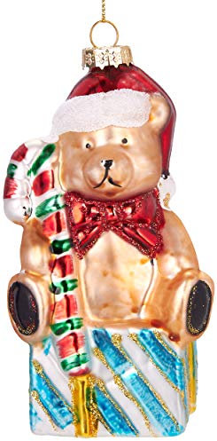 BRUBAKER Teddy mit Zuckerstange und Geschenk - Handbemalte Weihnachtskugel aus Glas - Mundgeblasener Christbaumschmuck Figuren lustig Deko Anhänger Baumkugel - 13 cm