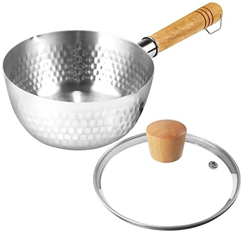 Traditional Japanese Yukihira Saucepan, Nonstick Stainless Steel Yukihira Pot Hammered Saucepan Milk Sauce Pan with Wooden Handle and Glass Lid(Silver),16cm/6.3in