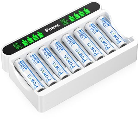 POWXS 8 Slot LCD Battery Charger for Rechargeable Batteries AA AAA , 5V 2A Fast Charging Function, with 8 x 1100mAh AAA Rechargeable Batteries - Type C and Micro USB Input, Battery Charger Set