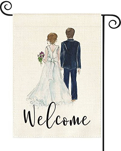 AVOIN colorlife Gartenflagge für Braut und Bräutigam, doppelseitig, Willkommens-Aquarell, Jahrestag, Party, Hof, Outdoor-Dekoration, 30,5 x 45,7 cm