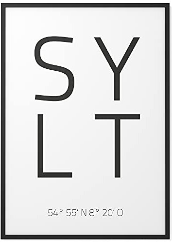 Papierschmiede® Geo Poster Koordinaten Sylt, A4 Gerahmt im Holzrahmen (schwarz), Stadt Bild als Wanddeko für Wohnzimmer Schlafzimmer Küche Esszimmer, Westerland Insel Nordsee