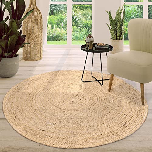 TT Home Jute Teppich Rund Wohnzimmer Esszimmer Boho Modern Handgemacht Mit Umrandung, Farbe: Elfenbein 2, Größe:80 cm Rund