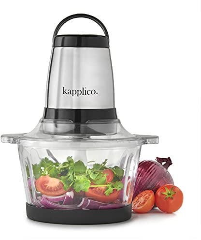 KAPPLICO Chrome Mini Chopper Mini Food Processor 4 bi-Level Blades - Energy Saver 250W Dual Speed - 2.0L Food Capacity Glass Bowl - 2 Year Warranty - Metallic Red