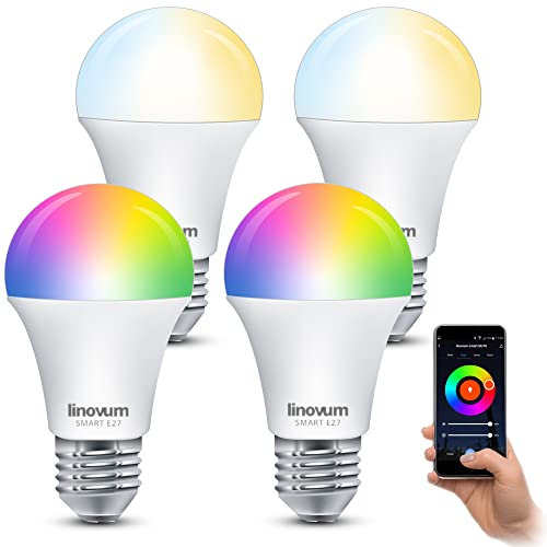 linovum 4er Pack LED Smart Lampe E27 RGB & Farbtemperatur dimmbar App & Sprache - WLAN Light Bulb kompatibel mit Alexa, Google Home