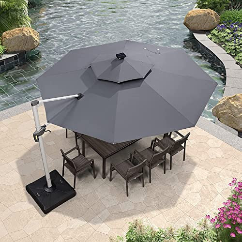 PURPLE LEAF Parasol De Jardin Extérieur 3,3 m Rond avec LED, Parasol Déporté avec Manivelle, Parasol Excentré Inclinable avec Housse de Protection, Gris acier