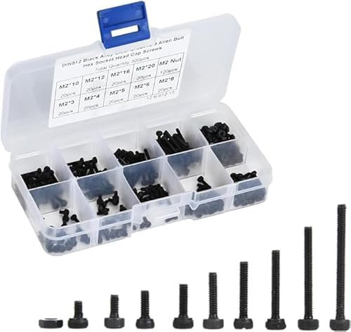 Uadme M2 Innensechskant Schrauben Set, 300 Stück, M2 x 3-20 mm, Legierter Stahl, Kfz-Wartung, Maschinenreparatur, Haushaltsgebrauch, Schwarz
