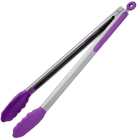 U-Taste 41cm 315℃ Pinzas de cocina de silicona resistentes al calor con puntas de goma antiadherentes firmemente selladas, mango de acero revestido de silicona y bloqueo suave para barbacoa (Púrpura)