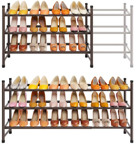Tajsoon 3-stöckiges Ausziehbares Schuhregal, 28–41 Zoll Verstellbar und Stapelbar, Schuhablage aus Metall, Schuhregal-Organizer für Haustür, Kleiderschrank, Garage, Eingangsbereich, Bronze