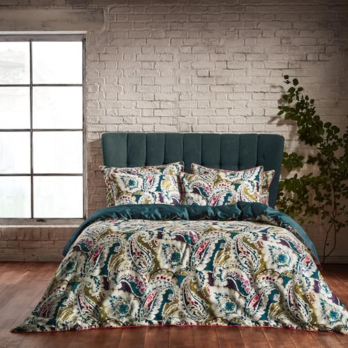 EW by Edinburgh Weavers Aretha Duvet Set – Paisley Design Cotton Sateen Bedding, 200 Thread Count (Teal/Olive – Double)