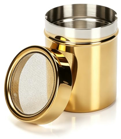 Stainless Steel Dredge Shaker, Powder Sugar Dispenser Fine Mesh Powder Sugar Shaker with Lid Gold Salt and Pepper Shakers for Kitchen Powdered Sugar Shaker