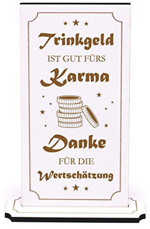 Aufsteller Trinkgeld Kaffeekasse graviert - Trinkgeld ist gut fürs Karma, Danke für die Wertschätzung - Hinweisschild Sparschwein Info Holzaufsteller Schild Trinkgeldkasse 10 x 20 cm