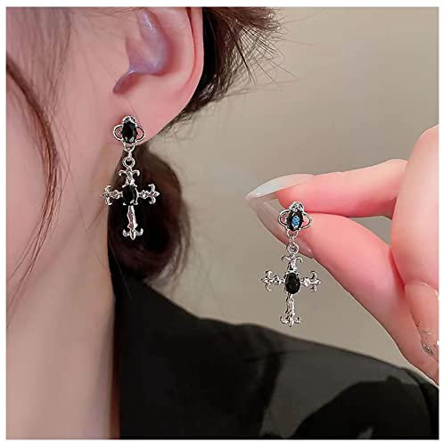 Dervivea Gothic Kreuz Ohrringe Schwarz Onyx Ohrstecker CZ Baumeln Ohrring Silber Schmuck Für Frauen Und Mädchen