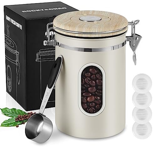 ROCKY&CHAO 1800ML Airtight Coffee Canister with Date Tracker Transparent Window, 22.8OZ Coffe Beans Storage with 30ML Measure Spoon&4 co2 Valve, Kitchen Food Storage Container, Black