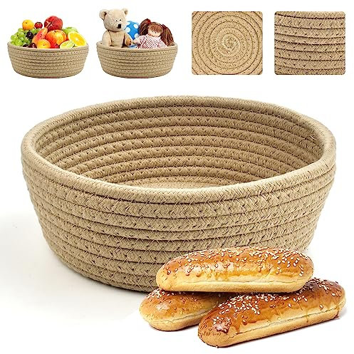 Kleemeiero Corbeille à Pain Tressée Panier de Rangement Rond Panier à Pain Panier Tissé en Corde de Coton Petit Panier Rangement Corbeille de Fruits Pain Brun Clair pour Cuisine, Salle à Manger